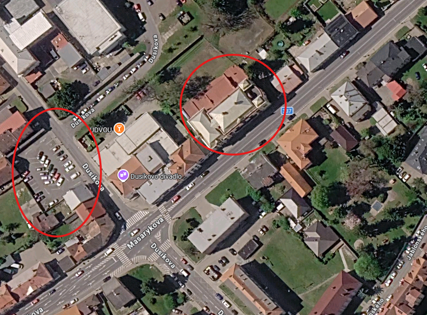 Mapa Čáslav — vyznačená sokolovna a parkoviště
